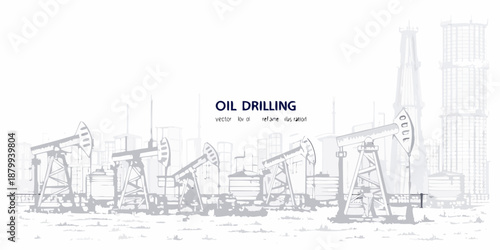 Oil drilling rigs and a cityscape an industrial energy production sketch
