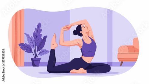 A woman in a yoga pose indoors, with a plant and chair