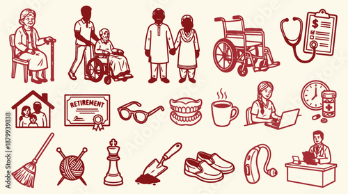 Line art elderly care icons showing caregiver pushing wheelchair, dentures, home, medical clipboard, glasses, hearing aid, knitting, tea, doctor, slippers