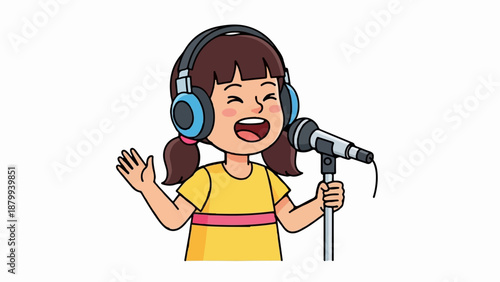 Cartoon child singing joyfully into a microphone with headphones on