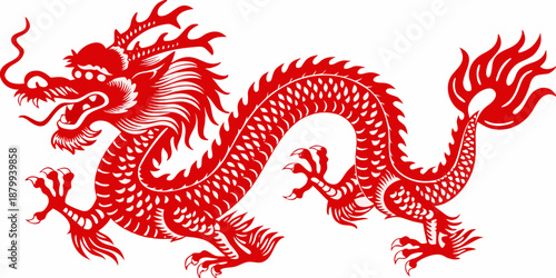 A vibrant red chinese dragon illustration with intricate detailing and flowing form