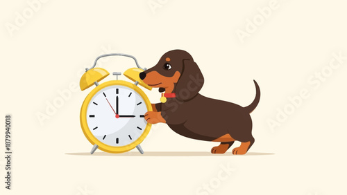 Cartoon dachshund adjusts a yellow alarm clock