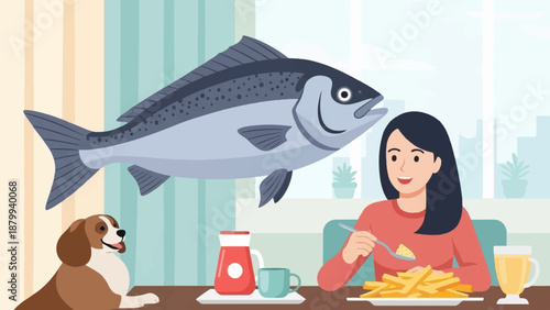 A woman eats fries with a large fish swimming above her and a dog nearby