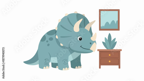 Cartoon dinosaur in a room with a nightstand and plant