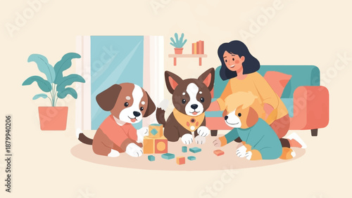 A woman and three dogs playing with colorful building blocks on a rug indoors