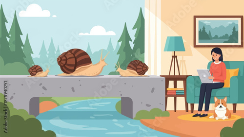 A woman and her dog relax indoors as snails cross a bridge outdoors