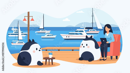 Cartoonish scene with cute pandas and yachts at a harbor