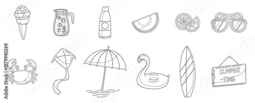 Charming summer doodle collection featuring beach hat sun ice cream and beach umbrella. Vector illustration.