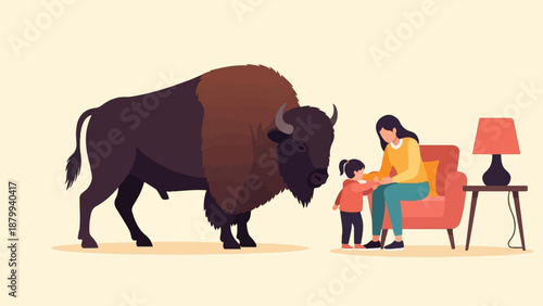 A woman and child interact with a bison in a stylized living room setting