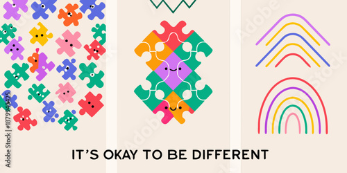 Colorful puzzle pieces and shapes promote acceptance of individuality