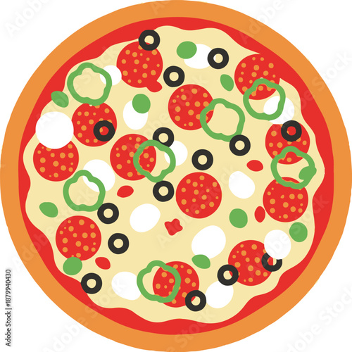 Delicious round pizza with a generous array of classic toppings like pepperoni, olive, and bell pepper