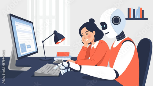 A woman and a robot collaborate on a computer, working together at a desk