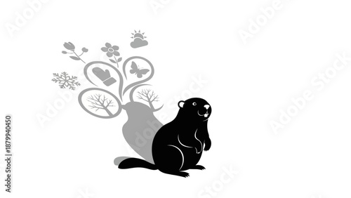 A black groundhog character illustration sitting next to a gray tree with various icons, on a white background, with a mix of gray and black elements, conveying a simple and symbolic mood.