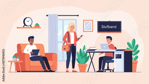 Casual co-workers in a modern office space with plants and technology