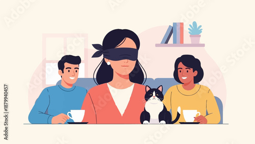 Blindfolded woman with cat and friends enjoy drinks and a game at home