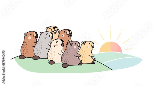 A group of groundhogs standing on a green hill against a sunrise background, conveying a cheerful scene.