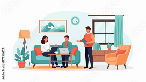 Casual meeting in a modern living room with a couch, coffee table, and armchair