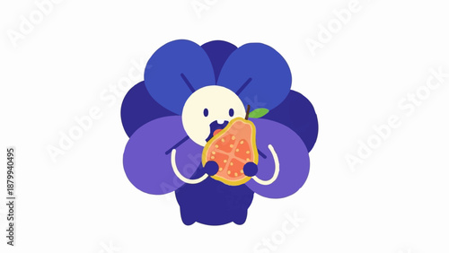 Cartoon flower character happily eating a slice of guava fruit