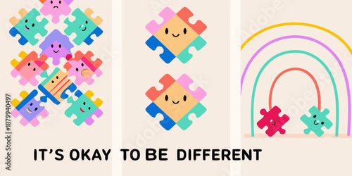 Colorful puzzle pieces and a rainbow illustrate acceptance and individuality