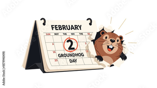 Illustration of a cheerful groundhog character jumping out of a February calendar marking Groundhog Day, with a dynamic composition and bright colors on a clean white background.
