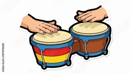 Cartoon hands playing a pair of colorful bongo drums