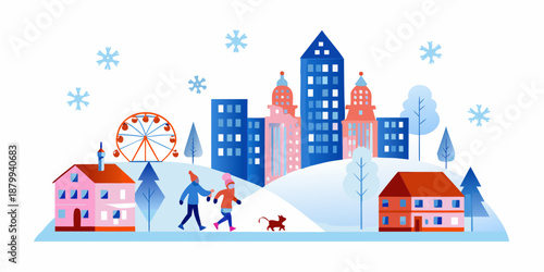 Winter cityscape with people buildings and falling snow in a festive scene