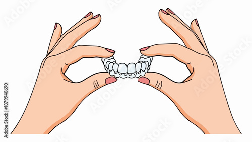 Cartoon hands hold transparent dental aligner showing teeth correction