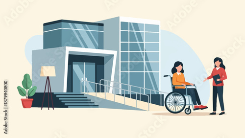 Accessible building entrance with ramp and two people, one in a wheelchair