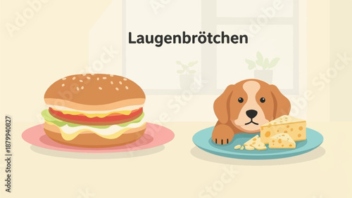 Cartoon illustration of a dog and a hamburger