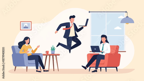 Business people in a modern office, one jumping with a laptop