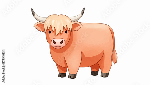 Adorable cartoon cow with shaggy orange fur and large horns