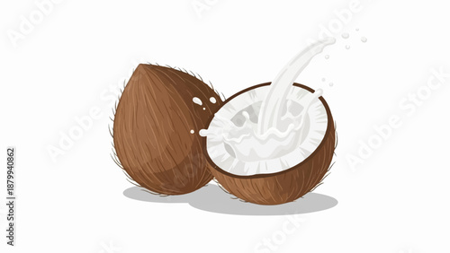 A whole coconut and a halved coconut with milk pouring into it