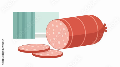 A whole and sliced processed meat sausage with a textured background