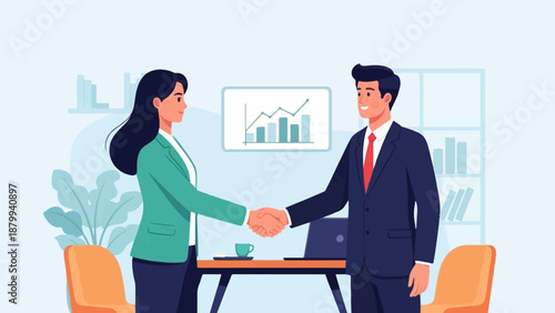 Business professionals shake hands in an office with a growth chart on wall