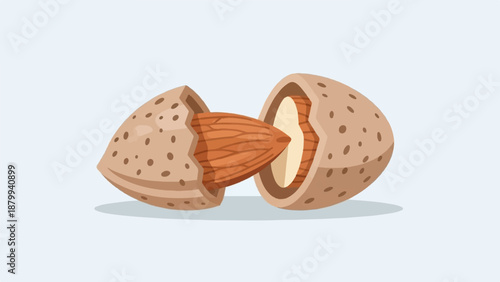 A whole almond, cracked open to reveal its kernel and creamy interior