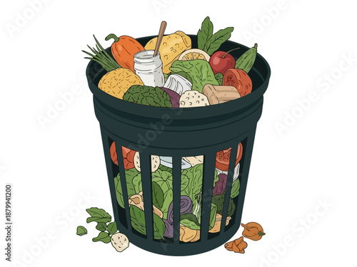 Recycling bin filled with assorted waste containers and items promoting waste management and environmentally friendly practices