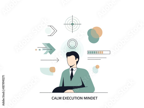Business professional achieving calm execution in mindset with digital interface icons for stress management and focus enhancement