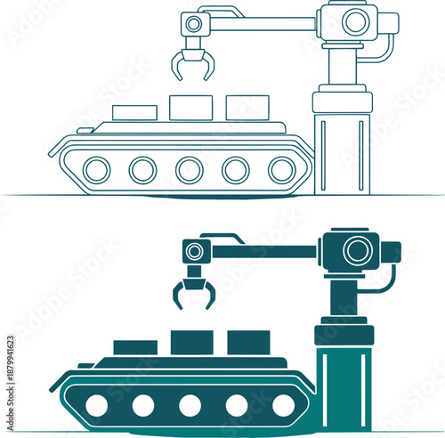 Industrial robot arm with conveyor belt and boxes production