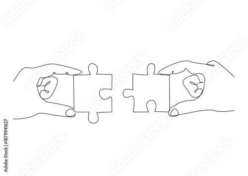 continuous lone line art of hands solving jigsaw puzzle, vector illustration.
