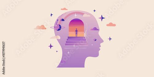 An open mind reveals a starry landscape with a figure ascending stairs