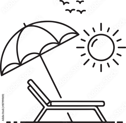 Beach scene with sun umbrella and lounge chair illustrating vacation relaxation travel destination or sunny leisure time