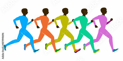 A row of silhouetted figures running each in a different vibrant color