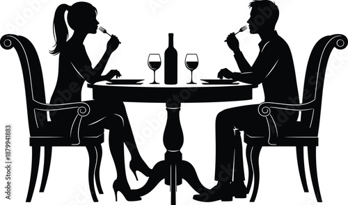 Couple Dinner Romance Silhouette Love Dating Restaurant Wine Valentine Romantic Table Chairs Elegant Relationship Illustration Black White Shadow Evening