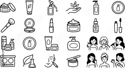 Line art icon set cosmetic beauty skincare icons close up grid with women applying products hand drawn minimal black outline studio
