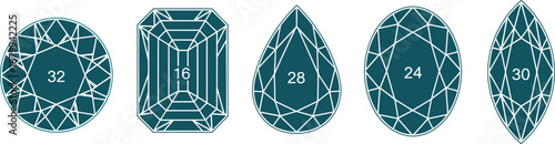 Various brilliant cut gemstone shapes icon set with facets count number