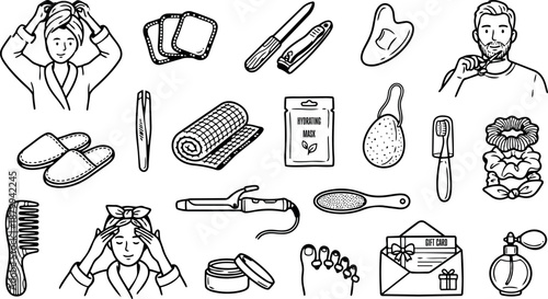 Line art hand drawn spa icons set showing woman applying mask, slippers, towel, tools, close up grooming items in flat layout arrangement