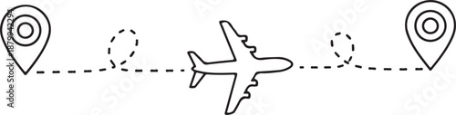 Airplane Route Icon with Dotted Flight Path and Location Pins – Travel, Navigation, and Transportation Symbol
