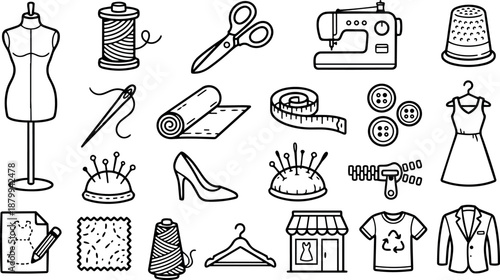 Line art hand drawn sewing icons close up assorted dressmaking tools mannequin sewing machine scissors needle thread buttons pincushion dress shop