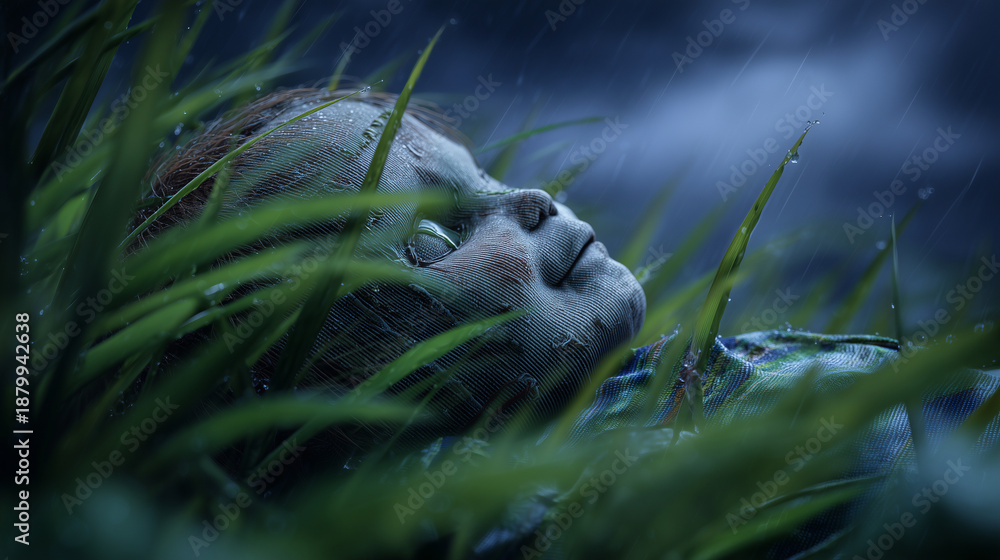 Obraz premium Soaked rag doll with blue eyes lying in shallow water among tall wet grass under overcast rainy sky, eerie cinematic scene for horror posters, book covers and dark storytelling