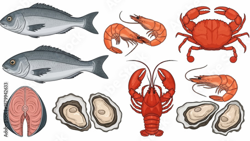 Assortment of Fresh Seafood - Fish, Shrimp, Crab, Lobster, and Oysters.